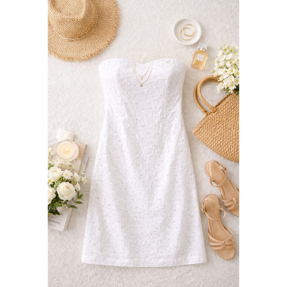 Theory White Eyelet Strapless Dress Size 6 Cotton Summer Minimalist Bridal